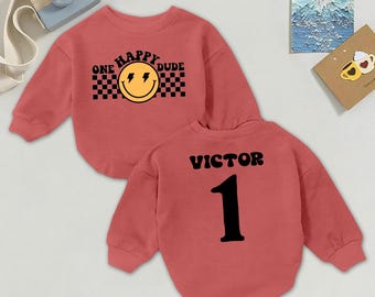 Un chico feliz: pelele personalizado con nombre para el primer cumpleaños, conjunto personalizado para bebé niño.