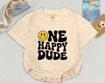 Mono retro con carita sonriente "One Happy Dude": Conjunto para el primer cumpleaños de un bebé niño