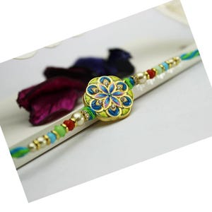 Handmade Enamel Rakhi with Multicolor Beads | Designer Raksha Bandhan Bracelet for Brother | Traditional Festival Rakhi Gift