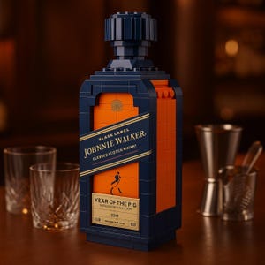 May include: A navy blue and orange block-style replica of a Johnnie Walker Black Label bottle. The label reads "JOHNNIE WALKER. ELENBED SCOTCH WHISH!" and "YEAR OF THE PIG 2019". The bottle is on a wooden surface with two glasses and bar tools in the background.