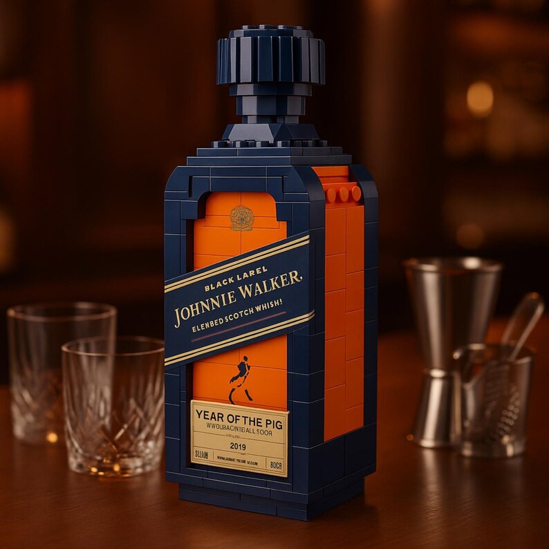 May include: A navy blue and orange block-style replica of a Johnnie Walker Black Label bottle. The label reads "JOHNNIE WALKER. ELENBED SCOTCH WHISH!" and "YEAR OF THE PIG 2019". The bottle is on a wooden surface with two glasses and bar tools in the background.