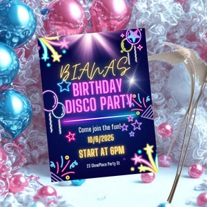 Modèle d'invitation de soirée dansante disco néon avec bâtons lumineux pour enfants/adolescents modifiable sur Canva et imprimable, téléchargement numérique instantané