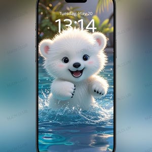 Lindos fondos de pantalla de osos polares de dibujos animados, juego de 5, pantalla de bloqueo de teléfono de moda, descarga digital, tema de invierno, oso de nieve PNG, fondo de naturaleza HD.
