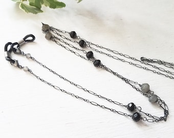 Labradorite and Black Onyx Eyeglasses Chain - Sterling Silver - Your choice of Length and Finish  by Quintessential Arts