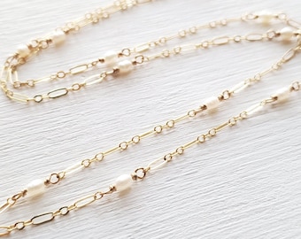 Delicate Gold-Filled Figaro Necklace Chain with White Freshwater Pearls  by Quintessential Arts