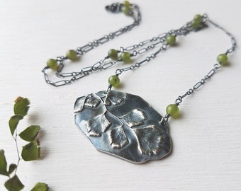 Maidenhair Fern Necklace - Larger -  in Pure Silver with BC Jade  by Quintessential Arts