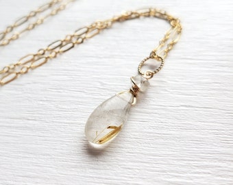 Gold-Rutilated Quartz Pendant with Moonstone - Sun and Moon - Gold-Filled -  by Quintessential Arts