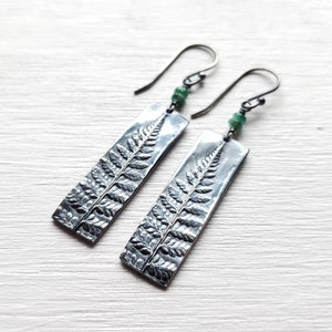 Emerald Forest Fern Earrings - Lady Fern - Pure Silver Earrings with Genuine Emerald - Botanical Jewelry   by Quintessential Arts