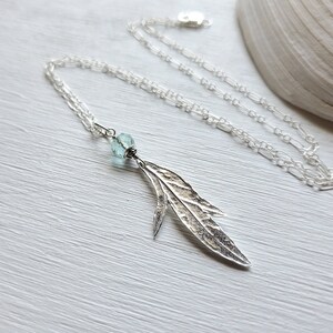 Artemisia vulgaris - Flowy Mugwort Leaf - Pure Silver Pendant with Aqua Fluorite  by Quintessential Arts