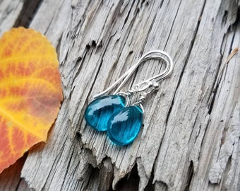 Dark Aqua Hydro Quartz Sterling Silver Teardrop Earrings  by Quintessential Arts