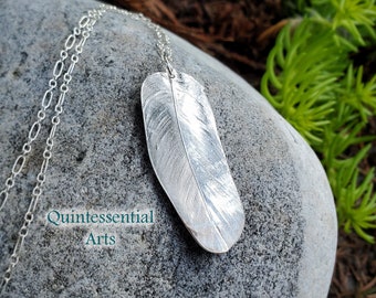 Nevermore - Longer Crow Feather Pendant in Pure Silver  by Quintessential Arts