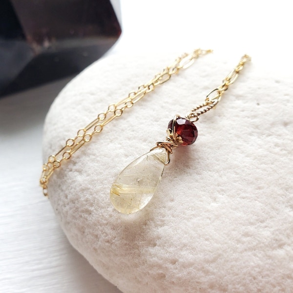 Gold-Rutilated Quartz Pendant with Garnet - Sanguine Sun - Gold-Filled -  by Quintessential Arts