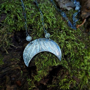 Artemisia vulgaris - Mugwort Moon Leaf -  Eco Friendly Fine Silver Necklace with Milky Moonstone by Quintessential Arts