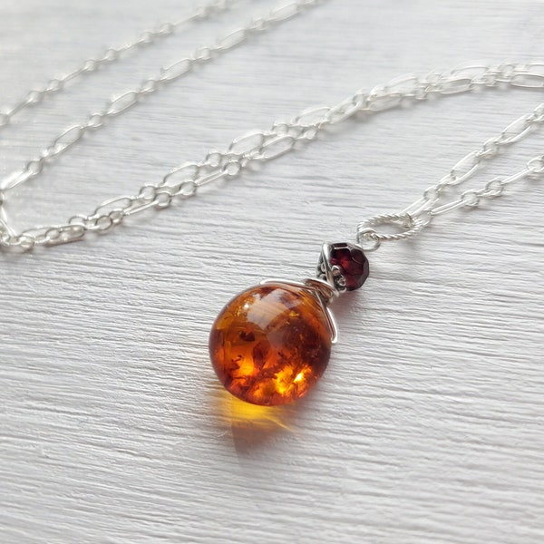 Tiny Baltic Amber Crackle Honey Drop Pendant with Cranberry Garnet - Sterling Silver-   by Quintessential Arts