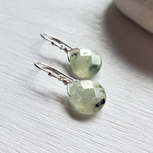 Prehnite Heart Earrings Shiny or Oxidized Silver by Quintessential Arts image 1
