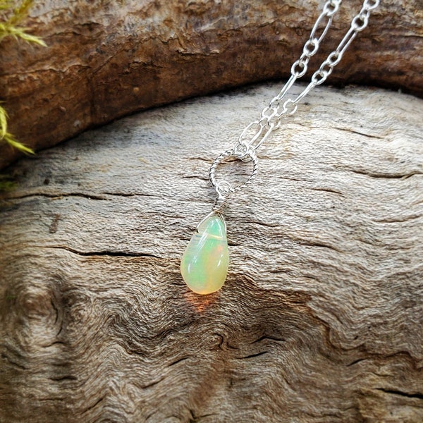 Tiny Genuine Opal Teardrop - Minimalist Charm Pendant -Sterling Silver-  by Quintessential Arts