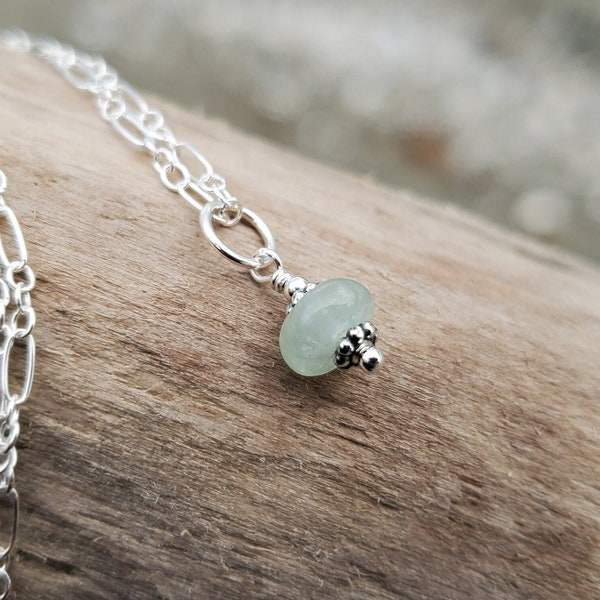 Tiny Aquamarine Bauble Charm Pendant - Shiny or Oxidized Sterling Silver  by Quintessential Arts