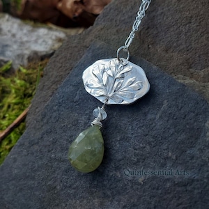 Ruta graveolens - Rue - Pure Silver Pendant with Green Garnet, Moonstone - Botanical Jewelry   by Quintessential Arts