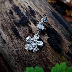 Crataegus monogyna - Hawthorn Tree - Fine Silver Real Flower Pendant with Moonstone - by Quintessential Arts