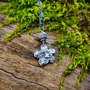Crataegus monogyna - Hawthorn Tree - Fine Silver Real Flower Pendant With Iolite - by Quintessential Arts
