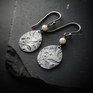 Victorian Garden- Fine Silver Earrings with Pearl, Oxidized Silver  by Quintessential Arts