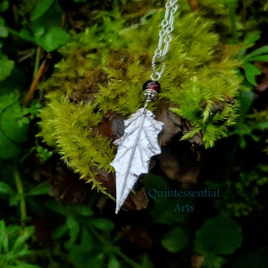 Datura stramonium - Moonflower Leaf (Jimsonweed, Thorn-Apple) Small Pendant in Pure Silver, Cranberry Garnet  by Quintessential Arts