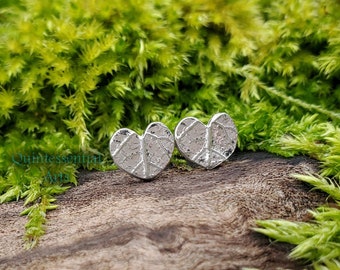 Tiny Heart Leaf - Pure Silver and Sterling Stud Botanical Earrings - by Quintessential Arts