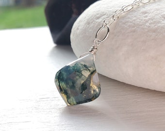 Moss Agate Pendant -Shiny or Oxidized Silver-  by Quintessential Arts