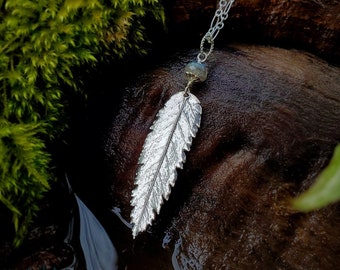 Sorbus aucuparia - Rowan Tree (Mountain Ash) Cut Out -Pure Silver Real Leaf Pendant with Labradorite  by Quintessential Arts