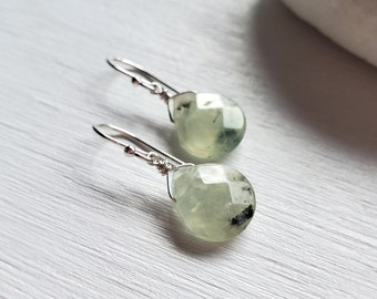 Prehnite Heart Earrings -Shiny or Oxidized Silver-  by Quintessential Arts