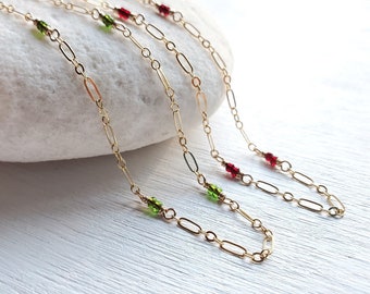 Delicate Gold-Filled Figaro Necklace Chain with Red or Green Glass Beads  by Quintessential Arts