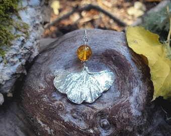 Ginkgo biloba with Amber -  Pure Silver Real Botanical Leaf Pendant  by Quintessential Arts