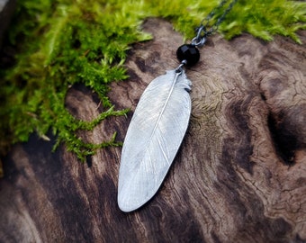 Nevermore - Crow Feather Pendant in Pure Silver with Black Onyx  by Quintessential Arts