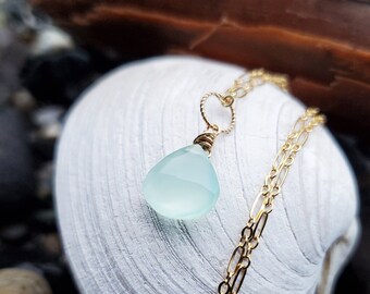 Pale Aqua Blue Chalcedony Charm Pendant - Gold-Filled -  by Quintessential Arts