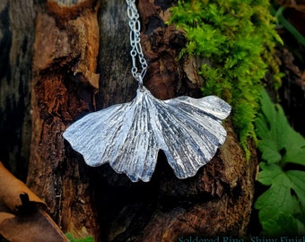 Ginkgo biloba with Mossy Vesuvianite -  Eco-Friendly PMC Silver Clay Real Botanical Leaf Statement Pendant  by Quintessential Arts