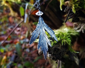 Artemisia vulgaris - Mugwort Leaf -  Pure Silver Pendant with Herkimer Diamond by Quintessential Arts