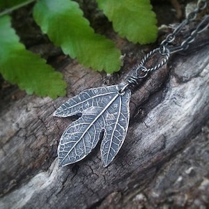 Sassafras albidum  -Ghost Leaf-  Pure Silver Real Botanical Elven Leaf Pendant  by Quintessential Arts