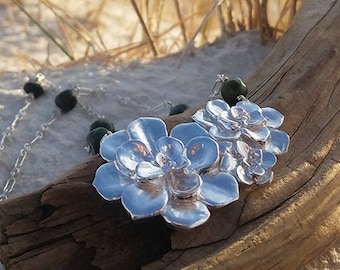 Succulent Statement Necklace - Pure Silver with Natural Green Turquoise   by Quintessential Arts