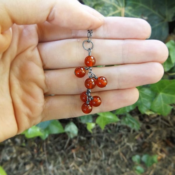 Carnelian Rowan Berry Pendant - Shiny or Oxidized Silver, Customize your own~