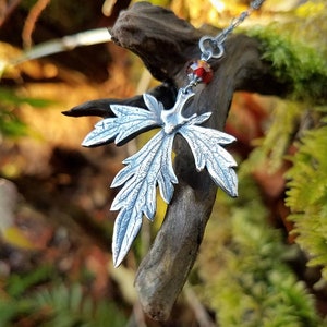 Aconitum napellus - Aconite Leaf (Monkshood, Wolf's Bane) Pendant in Pure Silver, Garnet, Amethyst  by Quintessential Arts