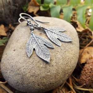 Sassafras albidum -Ghost Leaf- Pure Silver Botanical Leaf Earrings  by Quintessential Arts