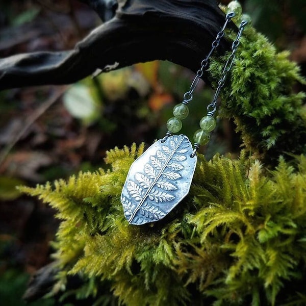 Lady Fern - Pure Silver Leaf Necklace with Peridot - Botanical Jewelry   by Quintessential Arts
