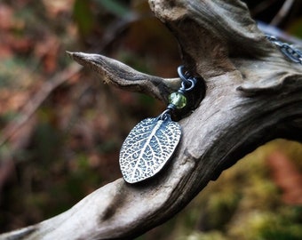 Salvia officinalis - Sage -Smaller, Peridot -Oxidized Pure Silver Leaf Pendant  by Quintessential Arts