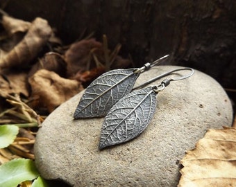 Elven Earrings- Pure Silver Sassafras, Real Leaves   by Quintessential Arts