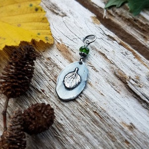 Origanum vulgare - Oregano - Small Pure Silver Leaf Mural Pendant with Emerald Chrome Diopside -  by Quintessential Arts