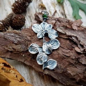 Origanum vulgare - Oregano - Large Cutout Pure Silver Leaf Mural Pendant with Emerald Chrome Diopside -  by Quintessential Arts