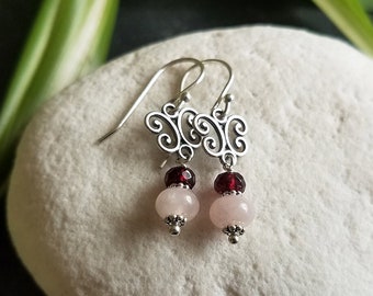 Rose Quartz and Garnet Victorian Sterling Silver Earrings  by Quintessential Arts