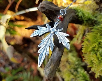 Aconitum napellus - Aconite Leaf (Monkshood, Wolf's Bane) Pendant in Pure Silver, Garnet, Amethyst  by Quintessential Arts