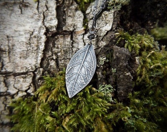 Colgante élfico de sasafrás de plata pura y hojas auténticas de Quintessential Arts