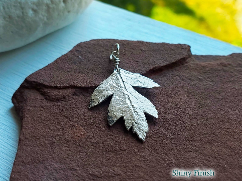 Puede incluir: Un colgante de hoja de plata con un acabado brillante. La hoja est&aacute; detallada con venas y tiene una superficie texturizada.